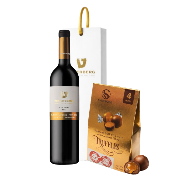 מארז מתנה עם בקבוק יין טפרברג Vision קברנה פטיט סירה ושוקולד חלב במילוי קרמל בשקית יקב טפרברג.